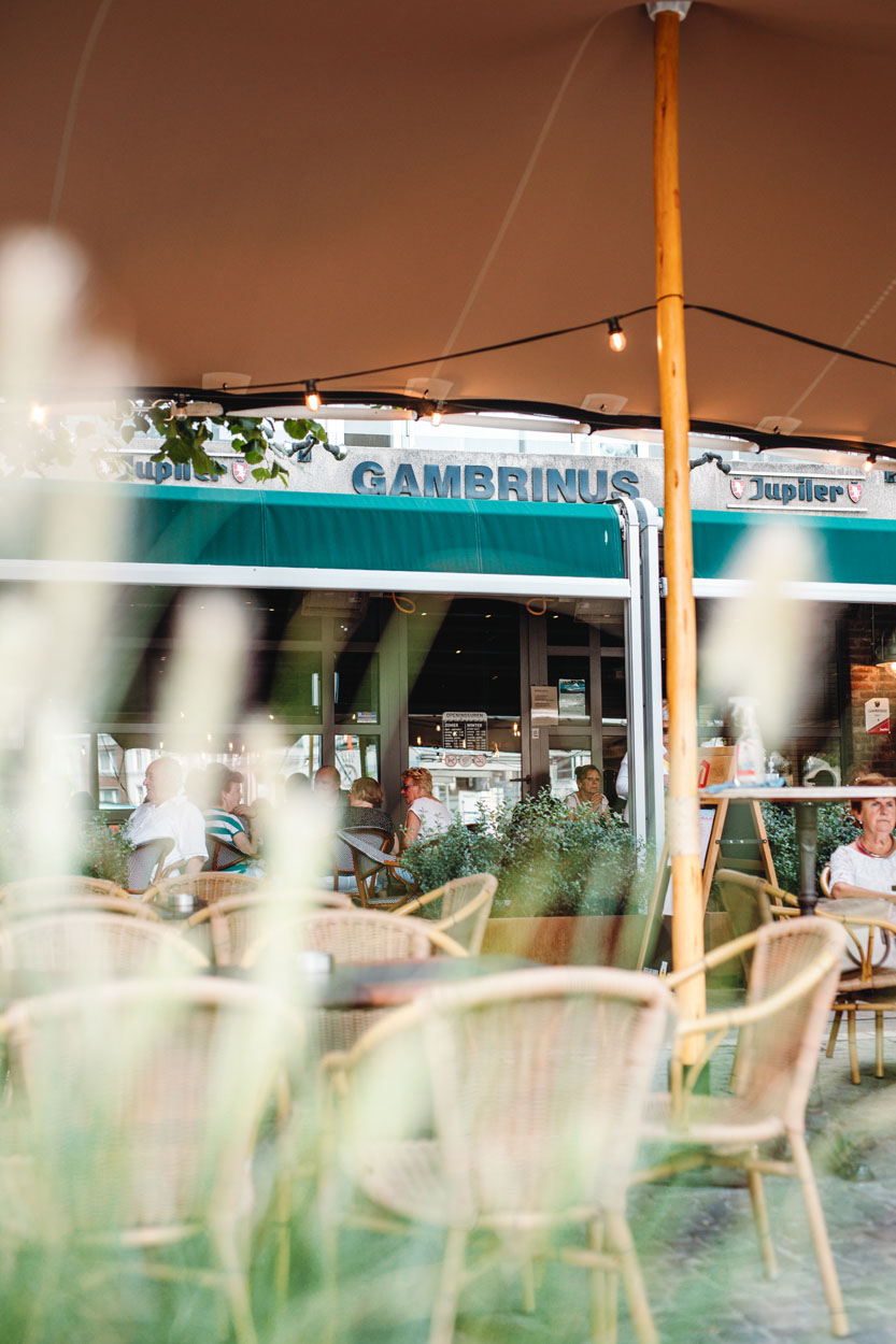 Sfeerbeeld van het Gambrinus terras met rieten stoelen, tafels onder een cremekleurige stretchtent.