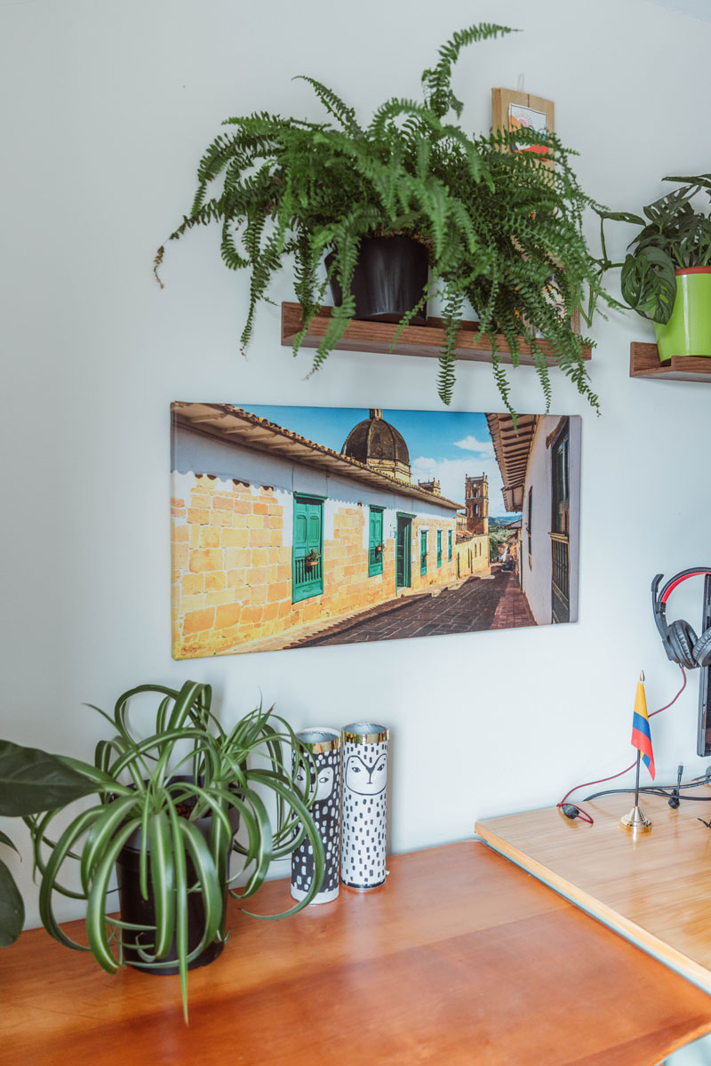 Bureau van Tripico met een schilderij en planten.